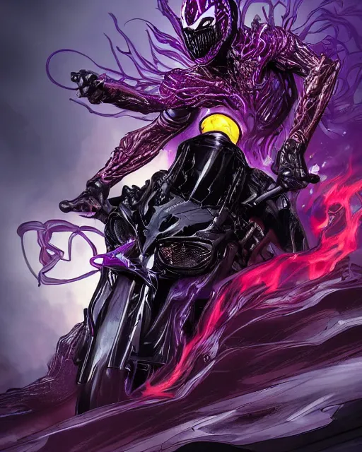 Image similar to ghost rider symbiote, purple and red variant, dynamic lighting, fantasy concept art, trending on art station, stunning visuals, creative, cinematic, ultra detailed, comic strip style