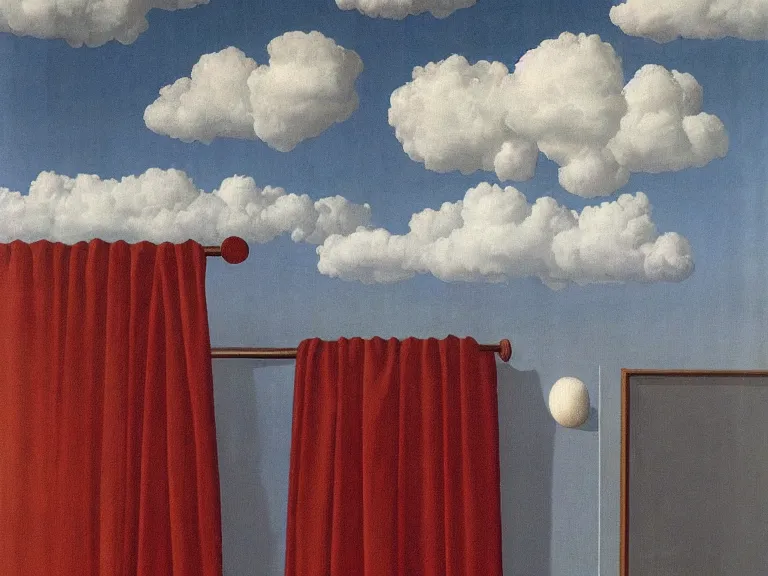 Prompt: clouds painted on curtains , painting by rene magritte, centered, high detail, high resolution