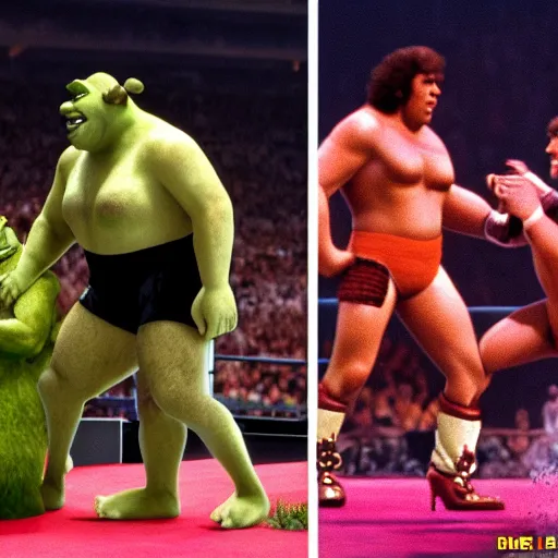 Prompt: shrek vs andre the giant at wrestlemania 8, dramatic lighting, 8k , WWE poster