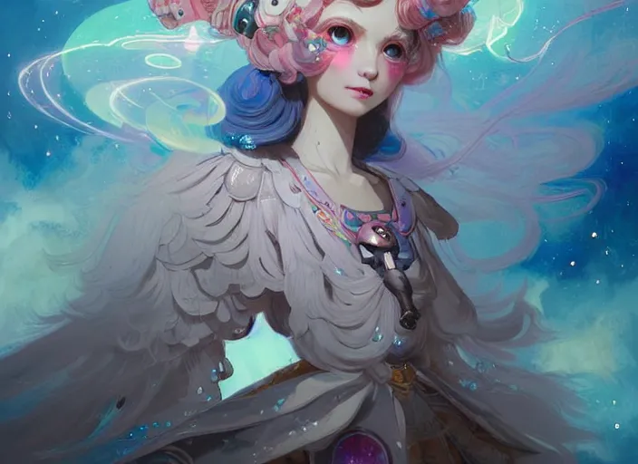 Image similar to close up picture of an maximalist dress magical girl, neat hair with bangs, slightly smiling, extremely beautiful and aesthetic and detailed cute face and eyes, wipe out evils with cute astronaut familiar sprites, aming the magical beams, chiaroscuro, intricate, masterpiece, fantasy illustrations by peter mohrbacher and anato finnstark and jeremy lipking