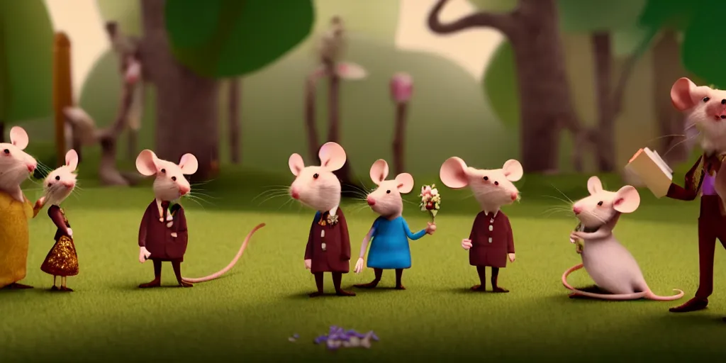 Prompt: a stop motion animated film still, mice wedding ceremony, by wes anderson, nature exterior, realistic skin fabric, trending on artstation, sunny day light, bright colors,