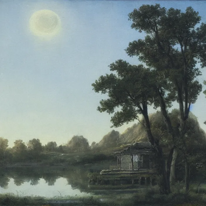 Image similar to a building in a serene landscape, romanticism art