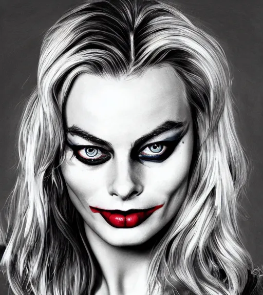 Image similar to beautiful margot robbie portrait with joker makeup, in the style of den yakovlev,, black and white realism drawing, faded outline, hyper realistic, highly detailed