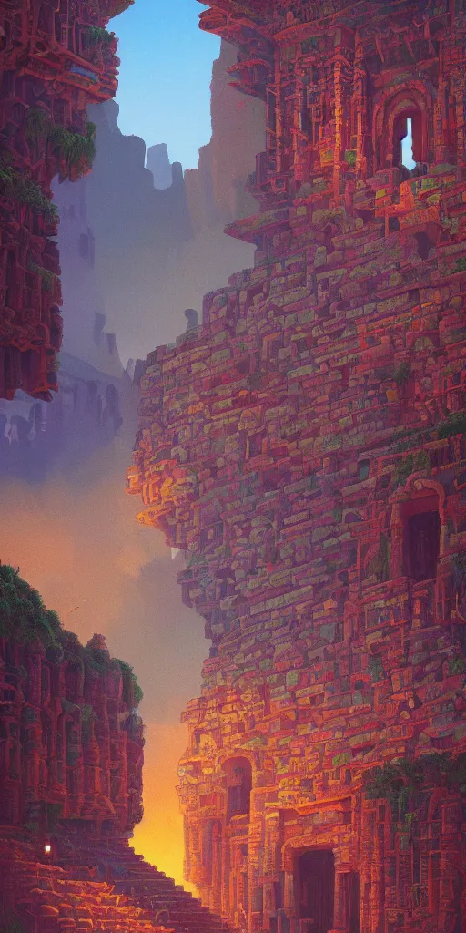 Prompt: palace of the aztec queen!!! a highly detailed cinematic oil painting by roger dean and alena aenami, dynamic lighting