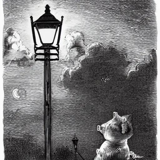 Prompt: pig in a tuxedo, illustration by Gustave Doré, moon, clouds, street lamp, high detail, eerie, street lamp, barn, creepy, dark, night, misty, moon, chiaroscuro, film noir