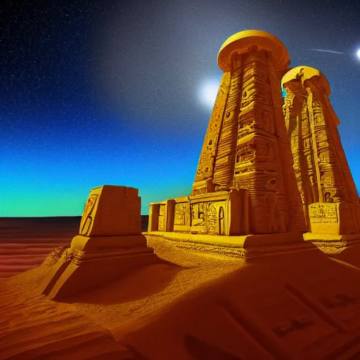 Image similar to lemuriab temple with carved hieroglyphs, mars landscape, martian lights and colors,