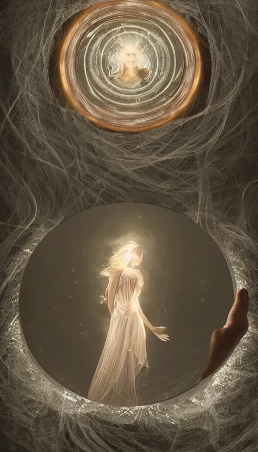 Prompt: goddess of illusion, beautiful, stunning, breathtaking, mirrors, glass, magic circle, magic doorway, fantasy, mist, bioluminescence, hyper - realistic, unreal engine, by jason de graaf