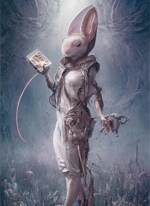 Image similar to white rabbit the magician tarot card, highly detailed, cinematic, 8 k, by stanley artgermm, tom bagshaw, greg rutkowski, carne griffiths, ayami kojima, beksinski, giger, trending on deviantart, hyper detailed, horror, full of colour