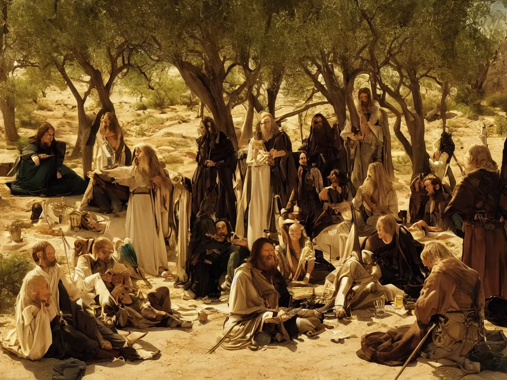 Prompt: portrait of the fellowship of the ring, in a desert oasis, painting by georges de la tour