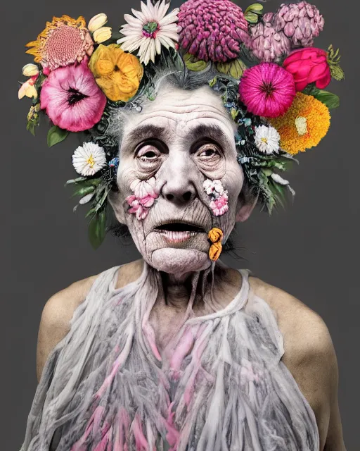 Prompt: a portrait of a surprised, fleshy old woman covered in flowers in the style of guiseppe arcimboldo and james jean, covered in wispy gray hair with a hint of neon, hd 3 d, 8 k