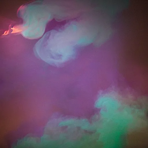 Image similar to dimly lit smoke, muted multi-color lapis rebeca-purple medium-sea-green, muted neon smoke, fog, smoke with vague feathered outline of fierce flying dragons with large outstretched wings, bokeh