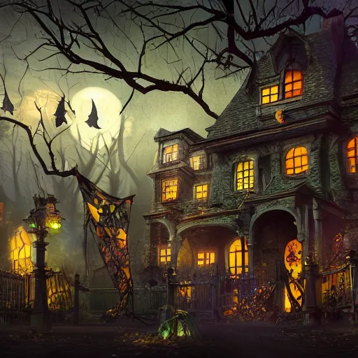 Image similar to spooky Halloween party, Fantasy Hyper detailed digital matte painting, concept art, hyperrealism, Cinema 4D, 8k resolution, 64 megapixels, coherent, bokeh, CGSociety, ZBrush Central, behance HD, hypermaximalist, a masterpiece, 4K