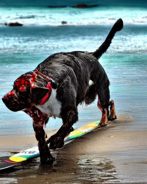 Image similar to zombie dog riding a surfboard on the north shore of hawaii, hyperreal, hdr, atmospheric