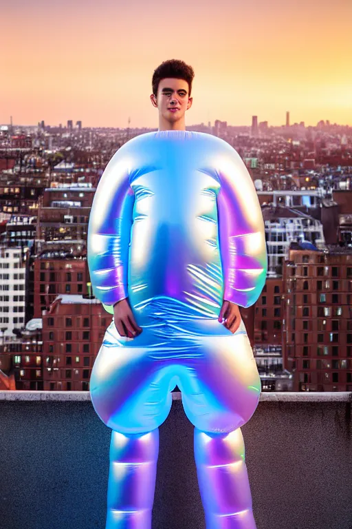 Image similar to un ultra high definition studio quality photographic art portrait of a young man standing on the rooftop of a british apartment building wearing soft baggy inflatable padded iridescent pearlescent clothing. three point light. extremely detailed. golden ratio, ray tracing, volumetric light, shallow depth of field. set dressed.