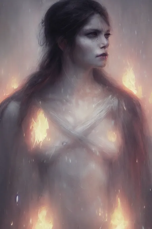 Image similar to a beautiful portrait of a young Demon women covered in white flames with an intense look on her face by Greg Rutkowski, Sung Choi, Mitchell Mohrhauser, Maciej Kuciara, Johnson Ting, Maxim Verehin, Peter Konig, Bloodborne , 8k photorealistic, cinematic lighting, HD, high details, atmospheric , trending on artstation