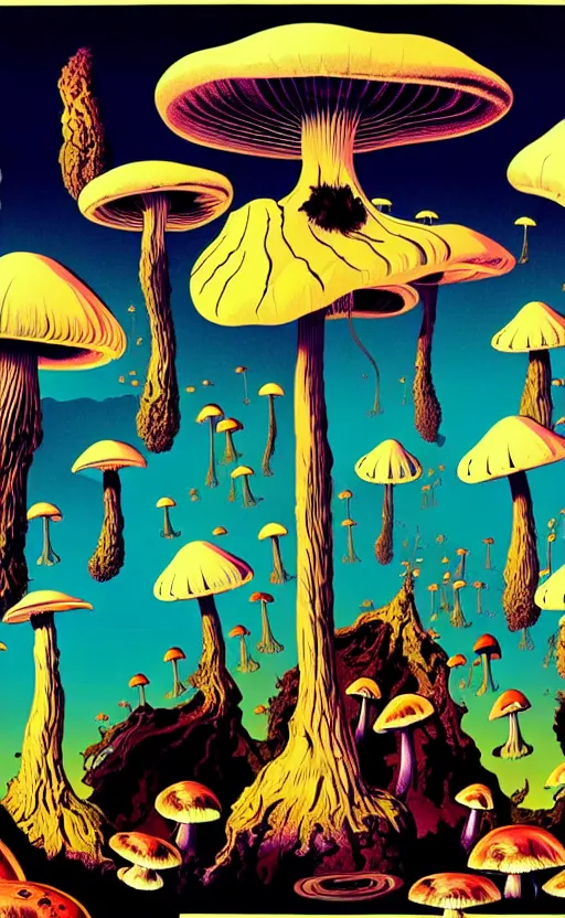 Prompt: psychedelic mushrooms wide angle shot, white background, vector art, illustration by frank frazetta and salvador dali