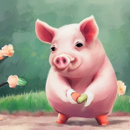 Prompt: cute and adorable little piggy pig doing some gardening wearing a cute hat, highly detailed, digital painting, artstation, concept art, smooth, sharp focus, illustration, art by yee chong and sydney hanson