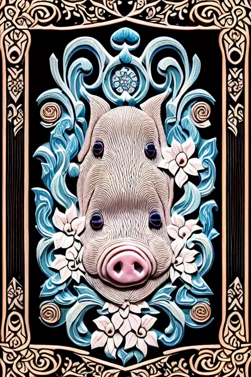 Prompt: Painted dark-wood panel relief carving of a close up of a Flowerpunk Piglet, White and pale blue toned, ornate border frame, explosion of colorful flowers, dark wood, intricately carved, black ink, festival of rich colors, intricate details, cinematic lighting, volumetric lighting, post-processing, art nouveau, tarot, fractal art, mandala, by andreas rocha and john howe, and Martin Johnson Heade, featured on artstation, featured on behance, golden ratio, hyper detailed, photorealistic, epic composition, center spotlight, f32, well composed, symmetrical, UE5, 8k