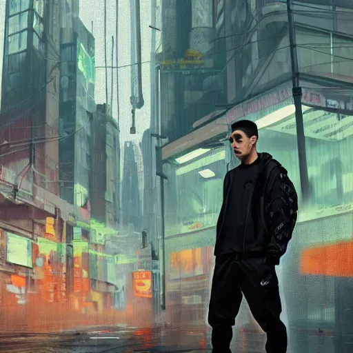 Image similar to A man wearing Merrell x Ant 1 of 1 rare archival garment-dyed jacket and Acronym P38-E pants and Nike x Acronym Blazer Low sneakers, Police sirens shining in far background, high quality, digital art, dirty cyberpunk city, rain, greg rutkowski