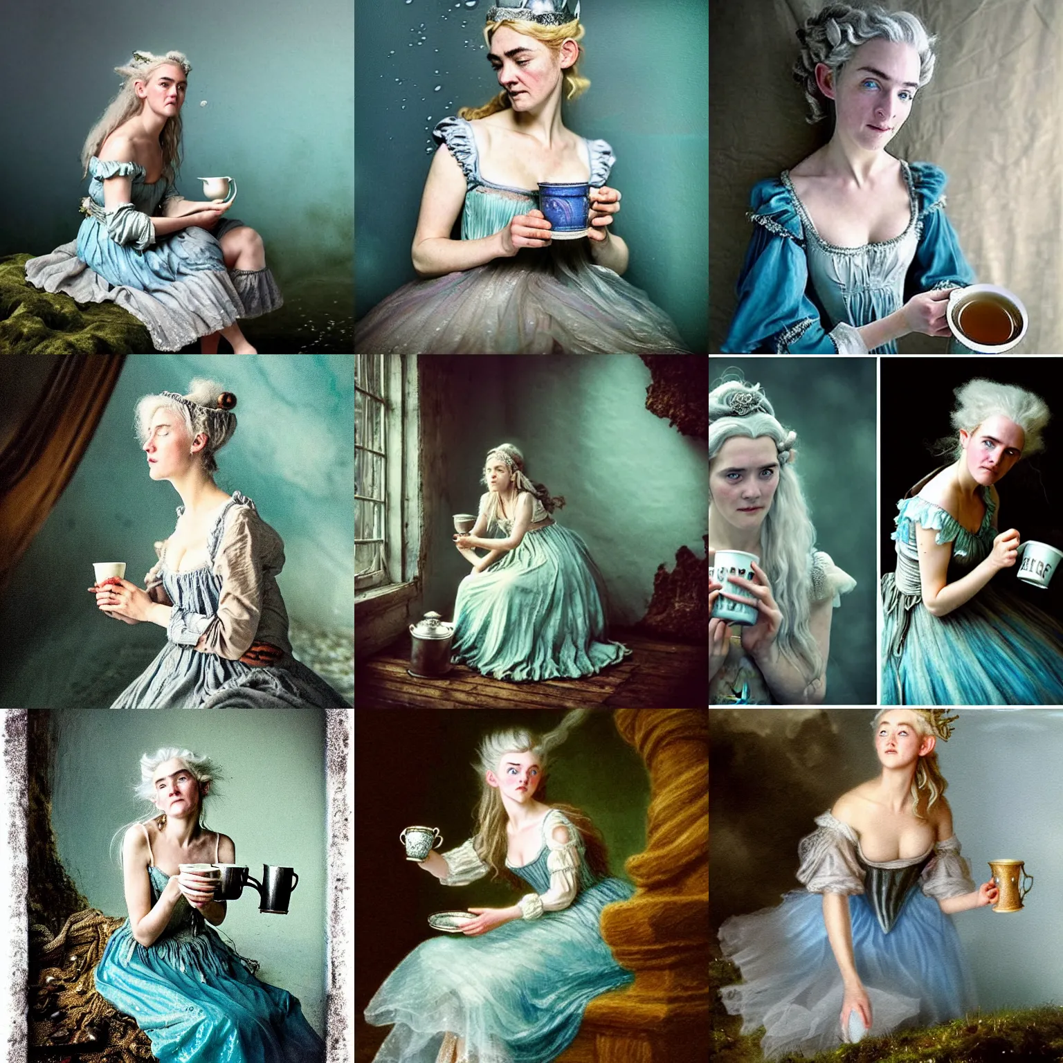 Image similar to A 18th century, messy, silver haired, (((mad))) elf princess (similar to young Kate Winslet), dressed in a ((ragged)), wedding dress, is ((drinking a cup of tea)). Everything is underwater and floating. Greenish blue tones, theatrical, (((underwater lights))), high contrasts, fantasyconcept art, inspired by John Everett Millais's Ophelia