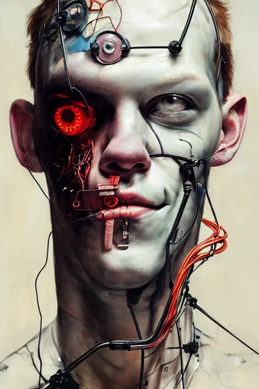 Image similar to cameron monaghan as a cyberpunk hacker, wires cybernetic implants, by esao andrews, jenny saville, james jean, dark art