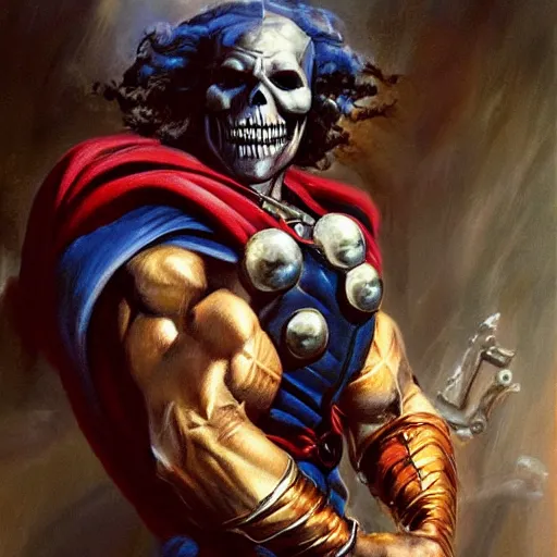 Image similar to ultra realistic portrait painting of skeletor as thor, art by frank frazetta, 4 k, ultra realistic, highly detailed, epic lighting