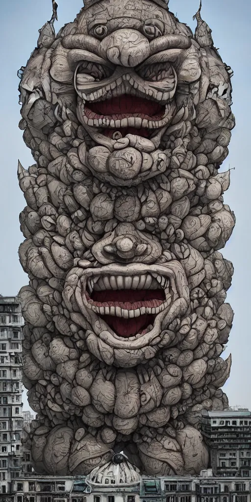 Image similar to colossal grotesque Beelzebub flower made from angry smiles in the middle of post soviet constructivist cityscape, Stalinist architecture, brutalist architecture, ultradetailed, Intricate by Hayao Miyazaki and Josan Gonzalez and Makoto Shinkai and Giuseppe Arcimboldo and MC Esher and Wes Anderson