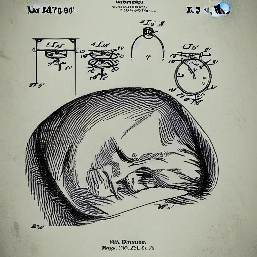 Image similar to patent drawing of a sleeping man in a nightcap with lots of labels. technical drawing. mathematical.