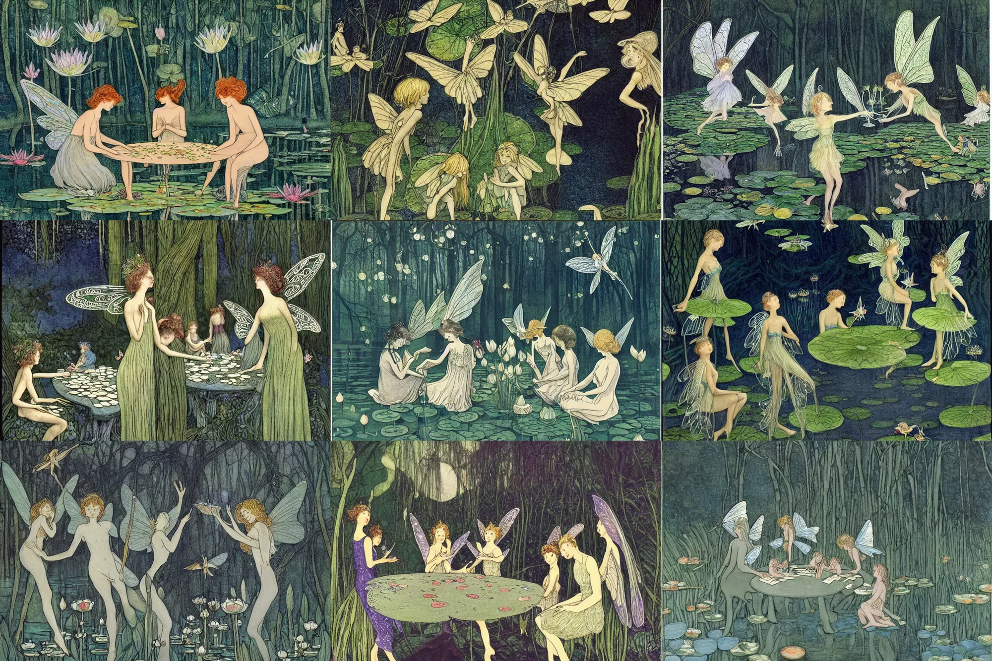 Prompt: a group of gracious winged fairies playing cards on a table in an atmospheric moonlit forest next to a beautiful pond filled with water lilies, artwork by ida rentoul outhwaite, fairies have wings, detailed, anatomically correct bodies