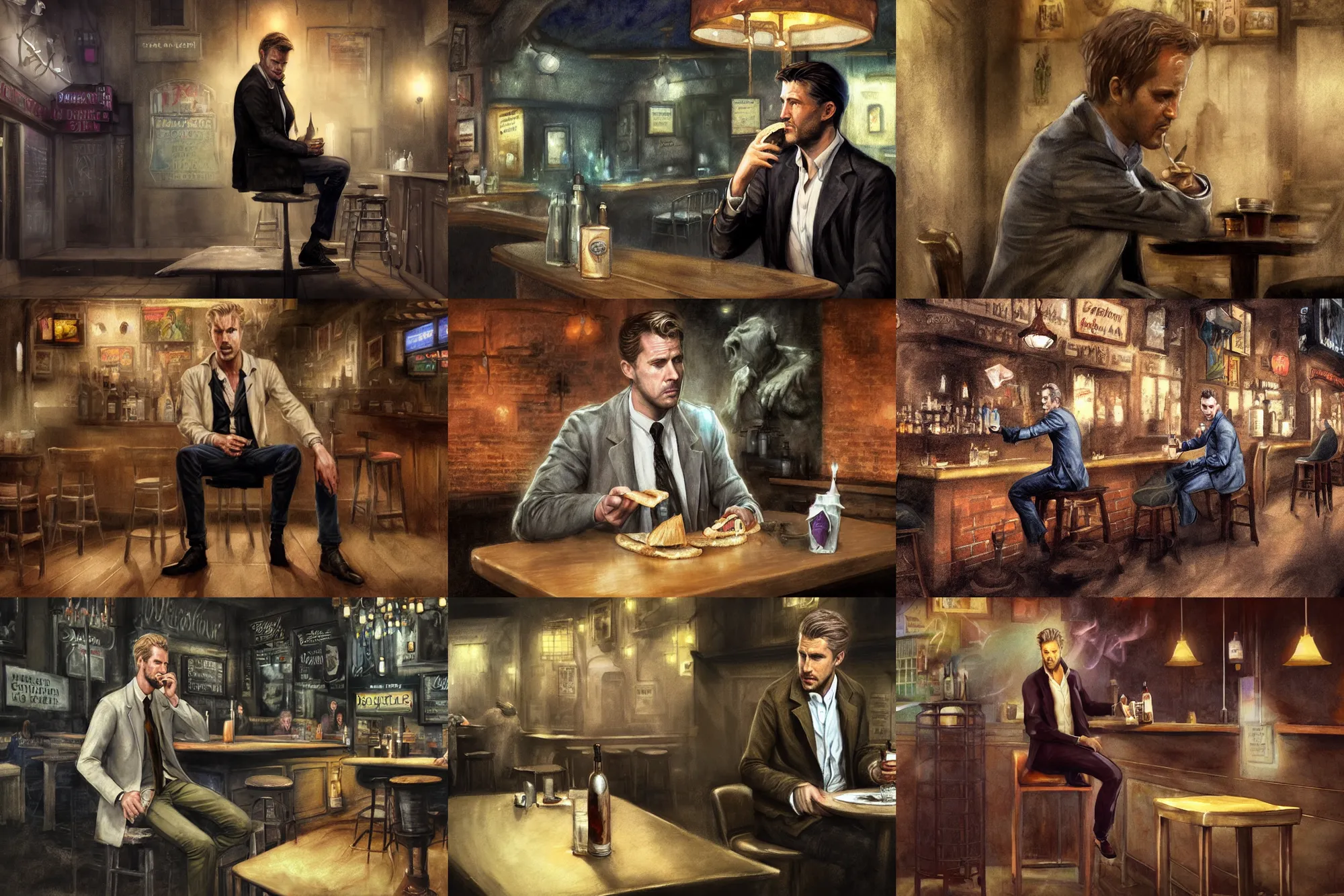 Prompt: matte painting character illustration of john constantine sitting down on a barstool at a dive bar in london eating a sandwich, digital painting, illustration, constantine, john singer sargent, amazing values, 8 k, magical creatures in the background, watercolor texture, gothic, octane render, realistic face details, symmetrical face details, realistically rendered face, photorealistic eyes