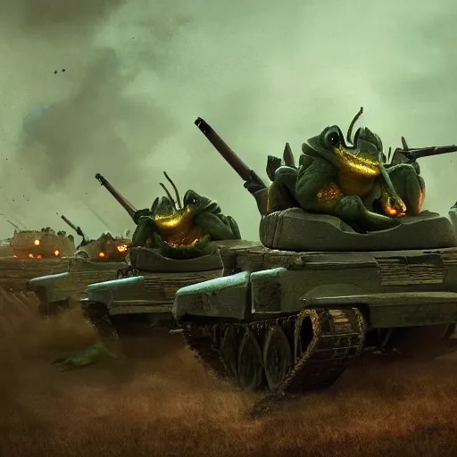 Prompt: an army of warrior horror frogs, driving tanks to war in swamp, cinematic lightning, artstation trending, matte painting, 8 k, octane, digital art