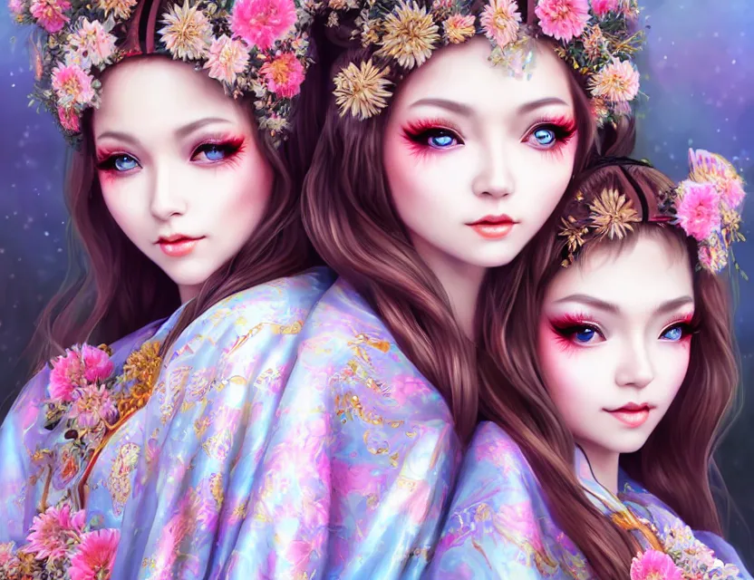 Image similar to two beautiful fashion siberian girls wear fantasy kimono in festival | | big eyes, sunny, dreamlike art, realistic shaded, smile, good looking, hyper details, 4 k realistic, cryengine, realistic shaded lighting poster by artgerm, ross tran, fuji choko, loish, 8 k resolution, trending on artstation, luxury