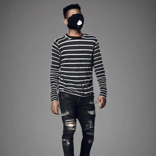 Image similar to professional sketch of a full-body view of a stylish young adult man with short hair wearing a black face mask, a striped long-sleeved shirt, and ripped jeans, high quality, HD, 8K, highly detailed, award-winning