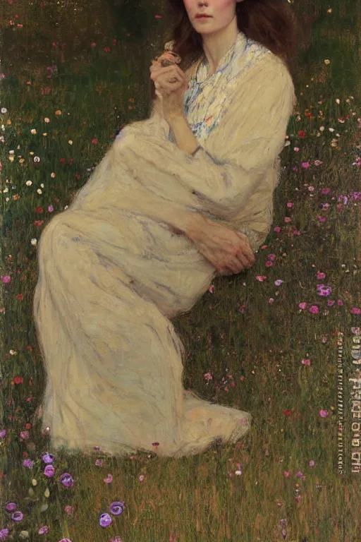 Image similar to Richard Schmid and Jeremy Lipking and Gustav Klimt full length portrait painting of a young beautiful woman