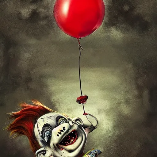 Prompt: grunge cartoon landscape painting of chucky with a wide smile and a red balloon by - michal karcz, loony toons style, pennywise style, horror theme, detailed, elegant, intricate