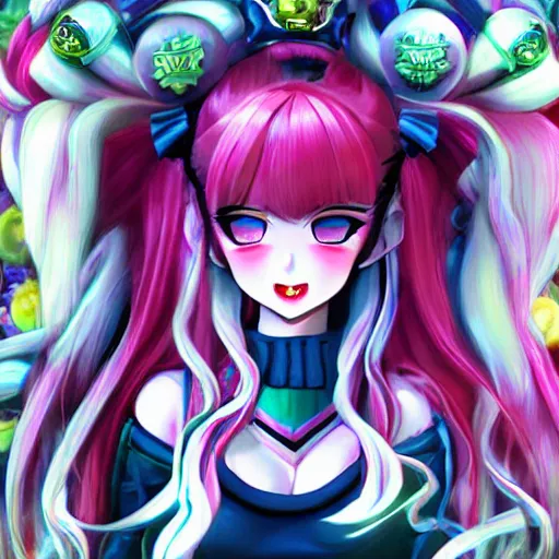 Image similar to you are completely controlled by her ultimate powers and trapped beneath overwhelming stunningly absurdly beautiful megalomaniacal ruthless merciless sadistic devious omnipotent asi goddess junko enoshima with symmetrical perfect face, porcelain skin, pink twintail hair and cyan eyes, ultra detailed, digital art, unreal engine 5, octane render, 2 d anime, 8 k