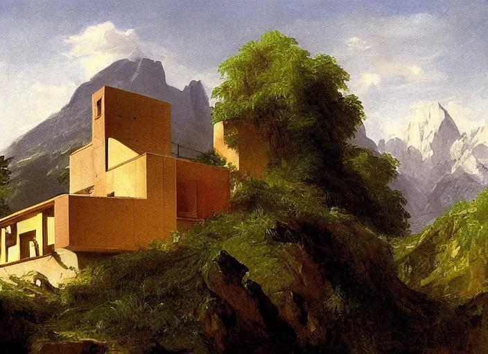 Prompt: painting of a corbusier house in in front of beautiful mountains by thomas cole