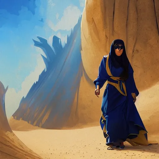 Prompt: a middle - eastern female cleric with straight black hair wearing blue and yellow vestments exploring a village in a desert, fantasy, highly detailed, digital painting, artstation, concept art, character art, art by greg rutkowski and tyler jacobson and alphonse mucha