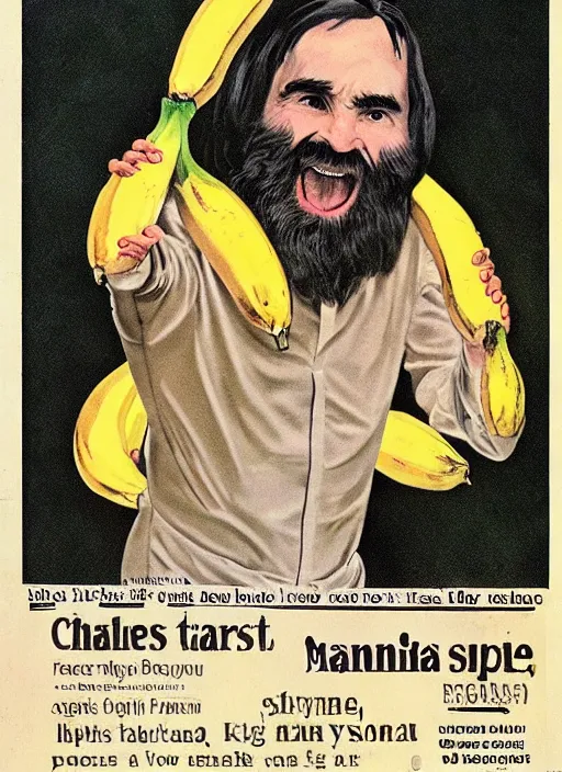 Image similar to vintage toothpaste advertisement depicting charles manson slipping on a banana peel