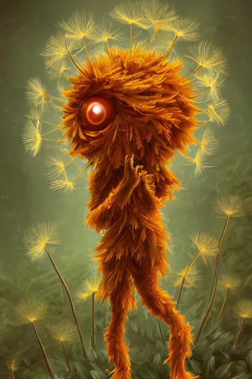 Image similar to a humanoid figure dandelion plant monster, orange eyes, highly detailed, digital art, sharp focus, ambient lighting, trending on art station, anime art style