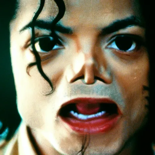 Image similar to a cinematic film still of Michael Jackson starring in The Shining, portrait, 40mm lens, shallow depth of field, close up, split lighting, cinematic