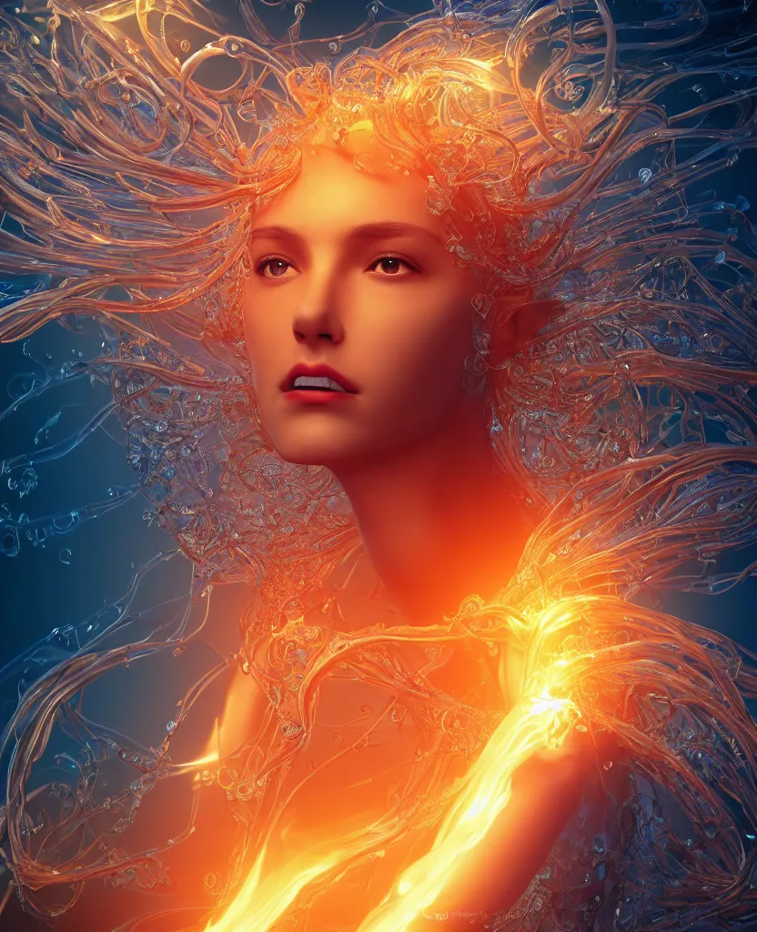 Image similar to close-up macro portrait of the face of a beautiful princess, epic angle and pose, symmetrical artwork, 3d with depth of field, blurred background, cybernetic jellyfish female face skull phoenix bird, translucent, nautilus, energy flows of water and fire. a highly detailed epic cinematic concept art CG render. made in Maya, Blender and Photoshop, octane render, excellent composition, cinematic dystopian brutalist atmosphere, dynamic dramatic cinematic lighting, aesthetic, very inspirational, arthouse. y Greg Rutkowski, Ilya Kuvshinov, WLOP, Stanley Artgerm Lau, Ruan Jia and Fenghua Zhong