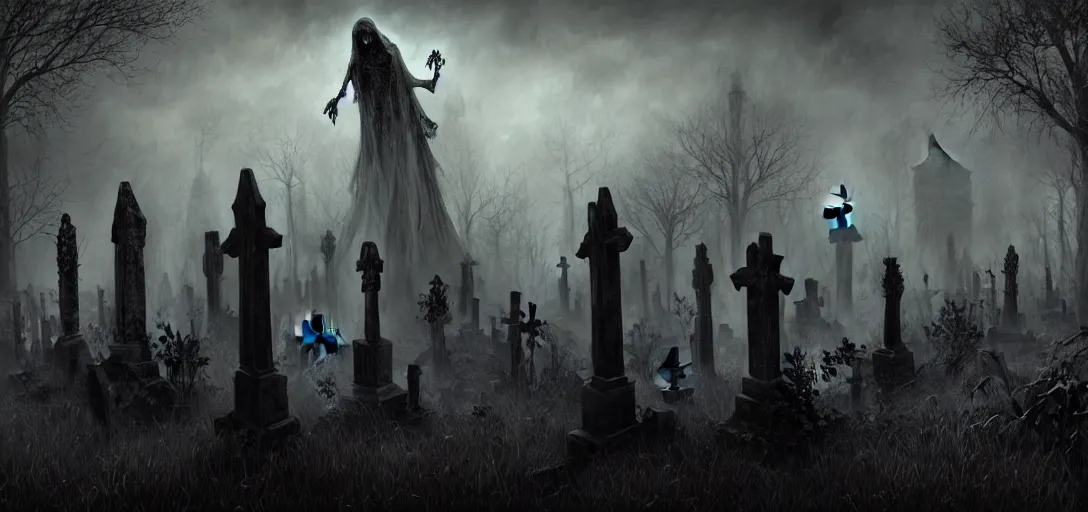 Image similar to A dark and haunted graveyard with ghost and zombies in the style of Keith Thompson, christopher bretz and kael ngu and Zdzislaw Beksinski, Artstation HD, 8k, Surrealistic digital artwork, highly detailed, digital painting, HDRI, vivid colors, high contrast, 8k resolution, intricate, photorealistic, smooth