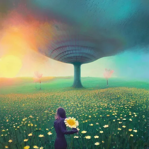 Image similar to giant daisy flower over head, frontal, girl in a suit, surreal photography, sunrise, dramatic light, impressionist painting, digital painting, artstation, simon stalenhag