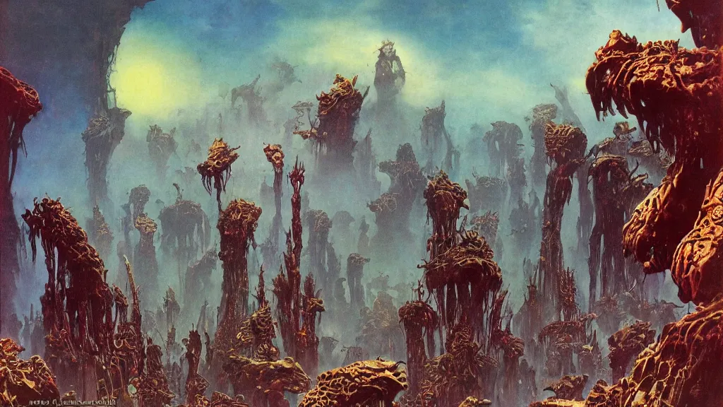 Image similar to surreal eerie alien planet empire with strange biomechanical plants by frank frazetta and bruce pennington, cinematic matte painting