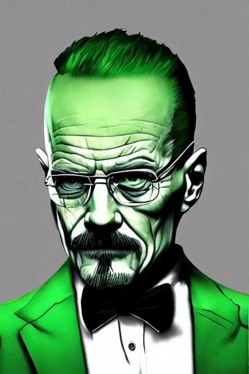 Image similar to walter white as the joker, green hair, photorealistic, highly detailed,