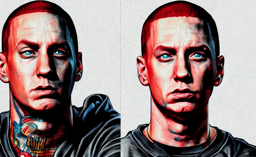 Image similar to eminem in gta v covert art painted by stephen bliss, centered, uncropped, full body, symmetrical face, crispy, trending on artstation, deviantart