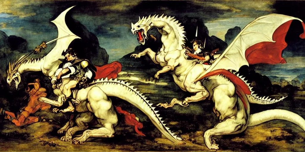 Image similar to knight fighting large white dragon, art by eugene delacroix, raphael