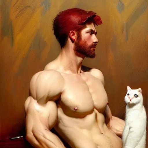 Image similar to attractive muscular male with red hair and muscular attractive white fluffy cat, drinking their hearts out, in a pub. very defined and highly detailed painting by j. c. leyendecker, gaston bussiere, craig mullins 8 k