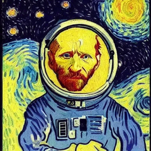 Image similar to Astronaut Lonely in the Galaxy - a painting by Van Gogh. very beautiful, HD detailed. Sad lighting, miserable emotions. The Astronaut is lost in the Galaxy.